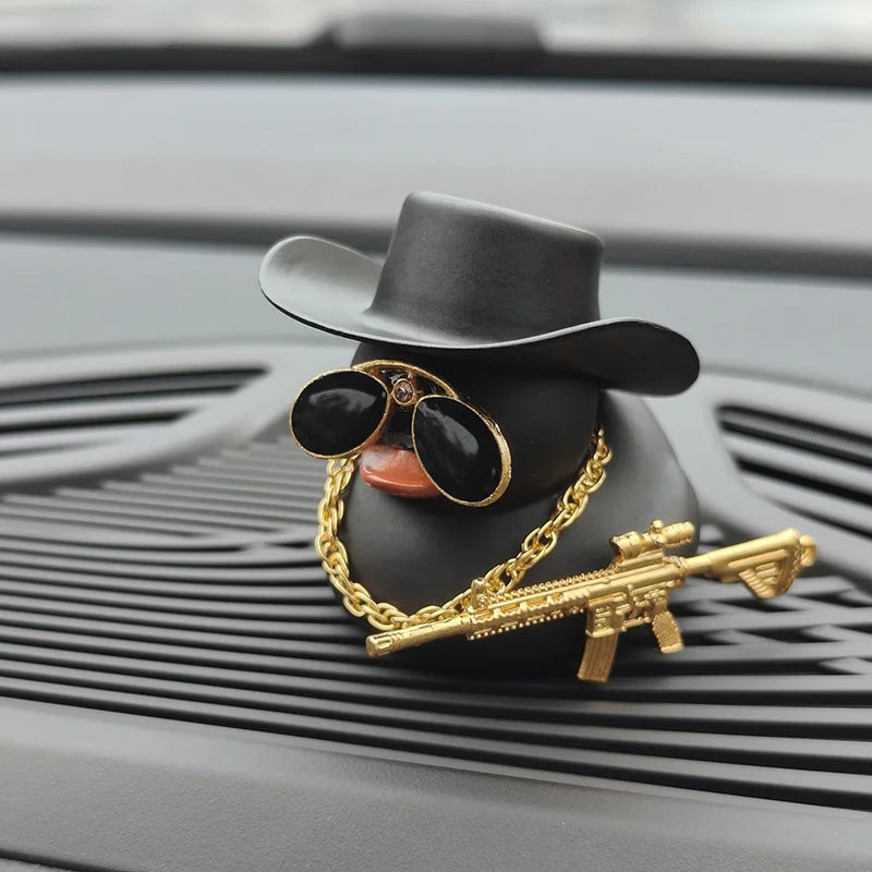 Cowboy Hat Ducks Trendy Car Dashboard Decoration Rubber Duck Office Car Decoration Ornament Black Duck with sunglasses Necklace